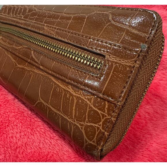 Anne Klein Women’s Wallet Brown Croc Embossed Faux Leather Zip Around - Picture 3 of 12